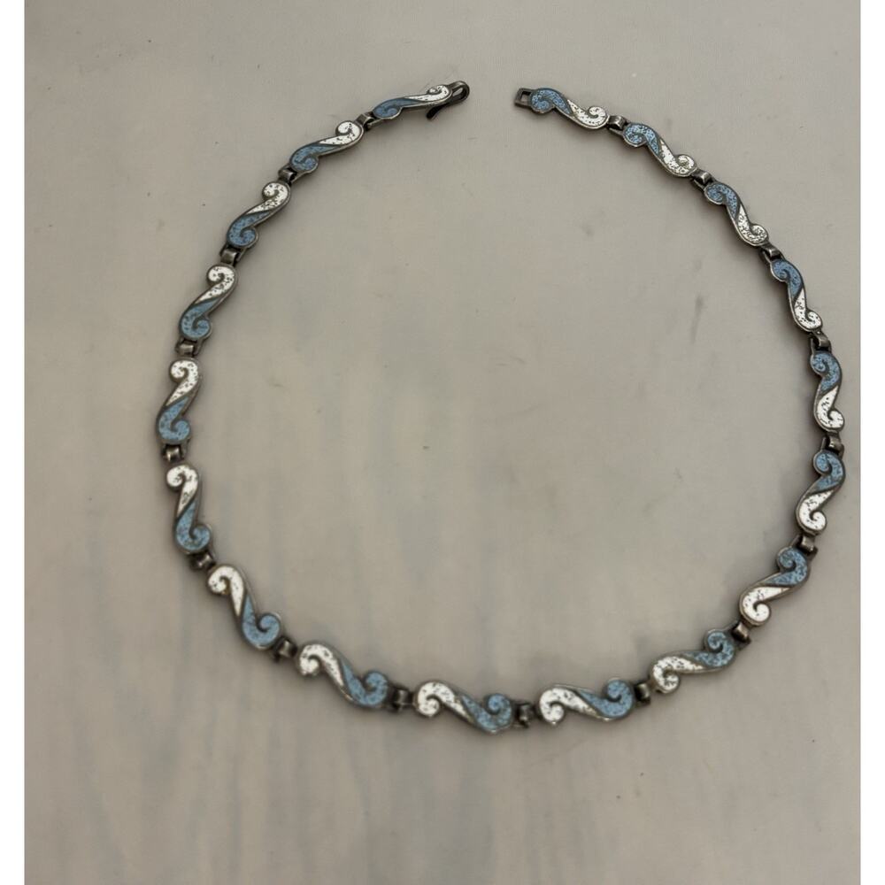 Vintage MARGOT de TAXCO Sterling Blue/White Enamel Wave Choker NECKLACE 16.25”